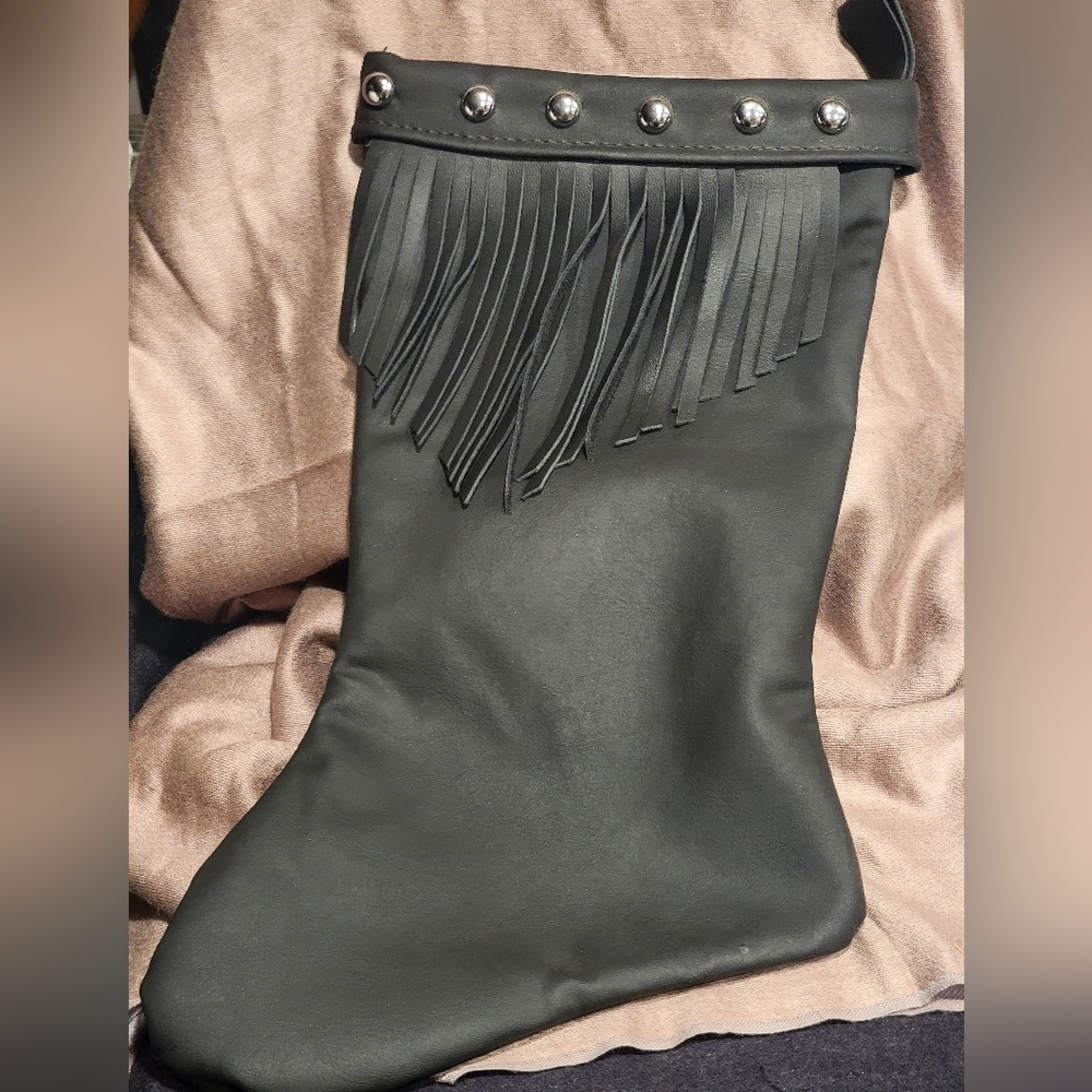 Mustang Stocking, Black Silver Tone Studded Faux Leather Fringe